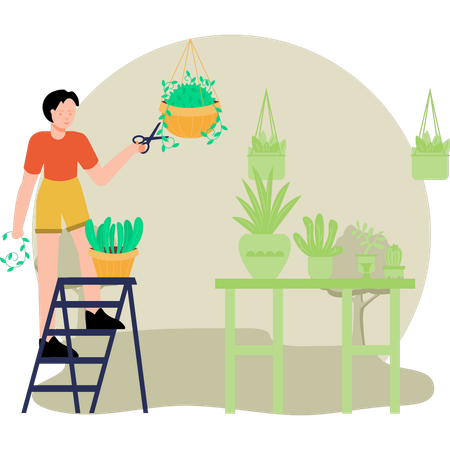 Boy trimming plants  Illustration