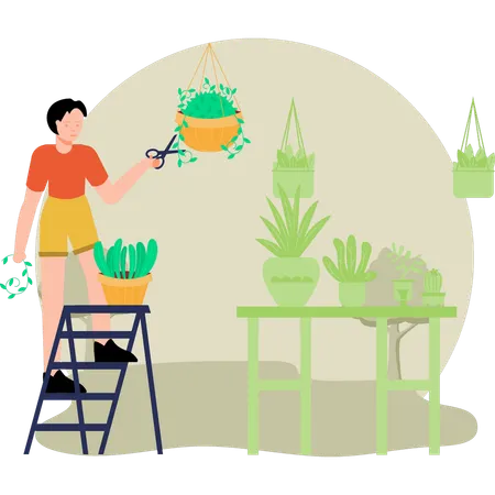 Boy trimming plants  Illustration