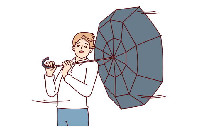 Boy trying to hold umbrella in strong Illustration