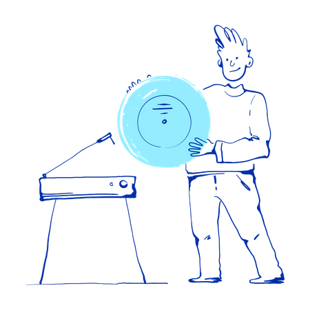 Boy turns on record player  Illustration