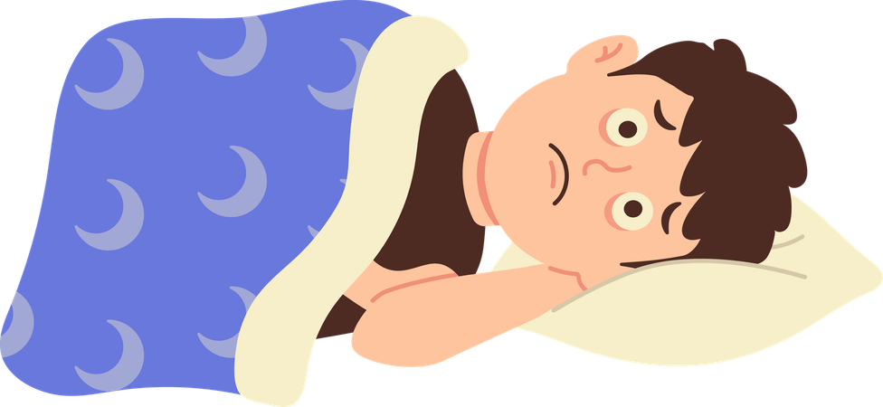 不眠症のため一晩中眠れない少年  イラスト