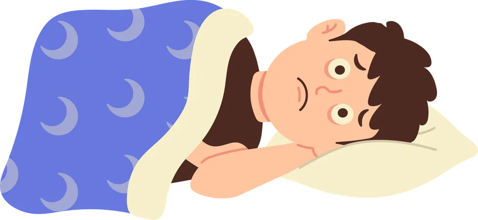 不眠症のため一晩中眠れない少年  イラスト