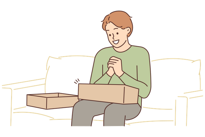 Boy unboxing shopping product  Illustration