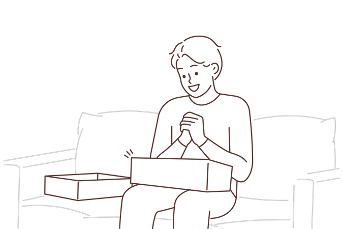 Boy unboxing shopping product  Illustration