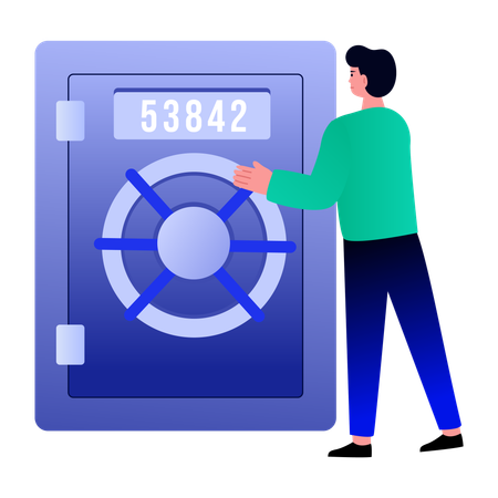 Boy unlocking password vault  Illustration