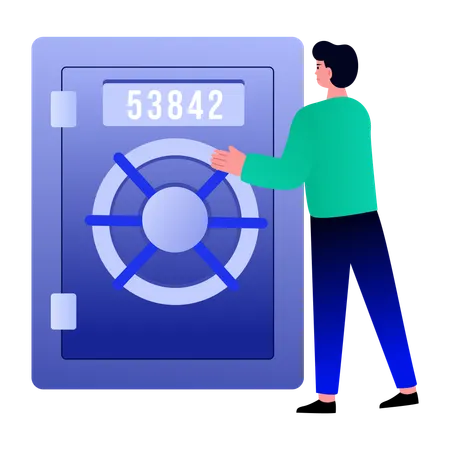 Boy unlocking password vault  Illustration