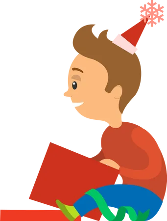 Boy Unpacking Christmas Presents During Holidays Child Happy To Open Box With Decoration Tape Surprise In Giftbox Gift To Kid From Parents Vector Illustration In Flat Cartoon Style Illustration