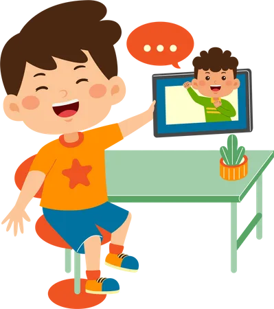 Cute Little Kid Boy Use Graphic Tablet Illustration