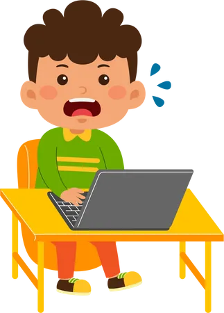 Cute Little Kid Boy Use Laptop Illustration