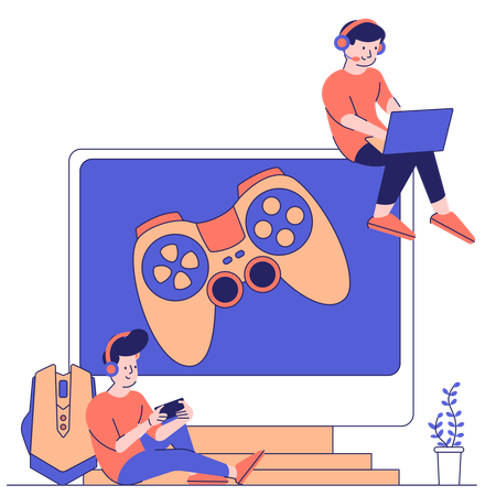 Boy uses headphones to play game  Illustration