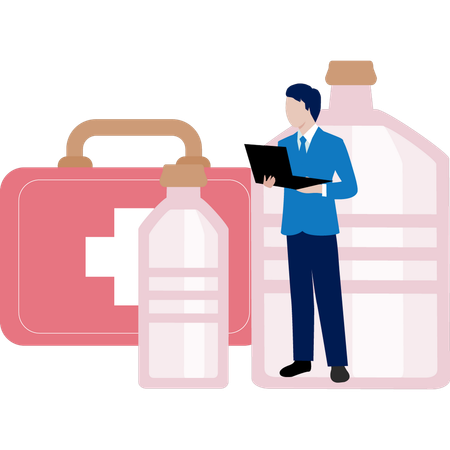 Boy Uses Laptop For Importance Of Medical First Aid Kit  Illustration