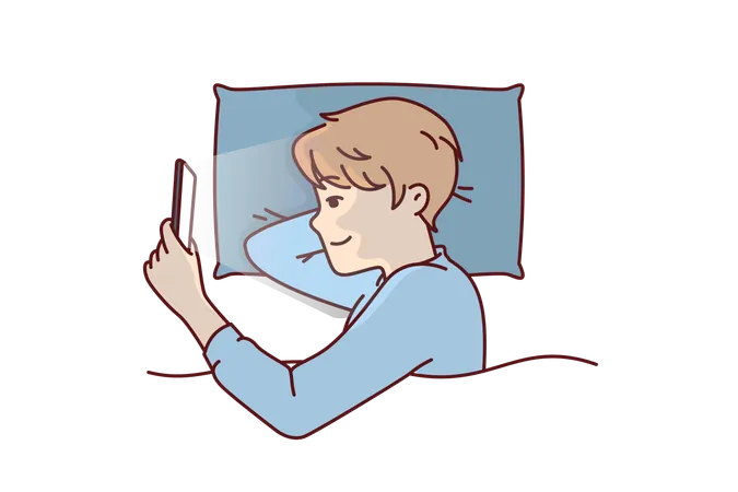 Boy With Phone Licks In Bed And Watches Movie With Smile Or Plays Game Refusing To Sleep Kid Spends Free Time Using Phone At Night Due To Lack Of Parental Control Applications On Gadget Illustration