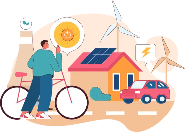Boy uses solar and wind energy at home  Illustration