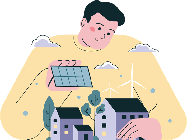 Boy uses solar panel installed on home  Illustration