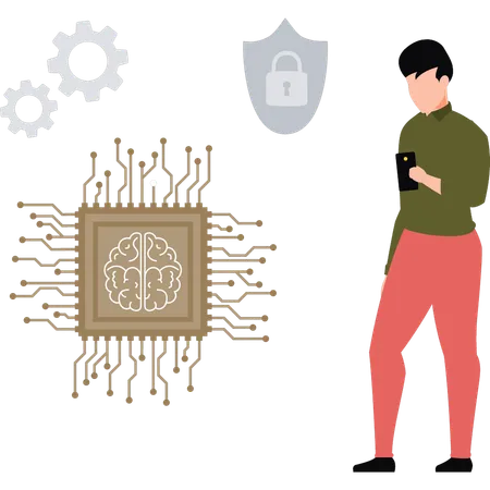 Boy using ai chip in mobile  Illustration