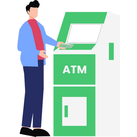 Boy Using An Atm Machine  イラスト