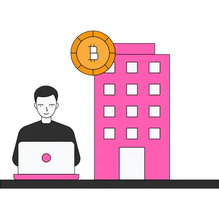 Boy using Bitcoin bank for management Illustration