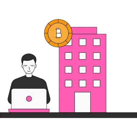 Boy using Bitcoin bank for management  Illustration