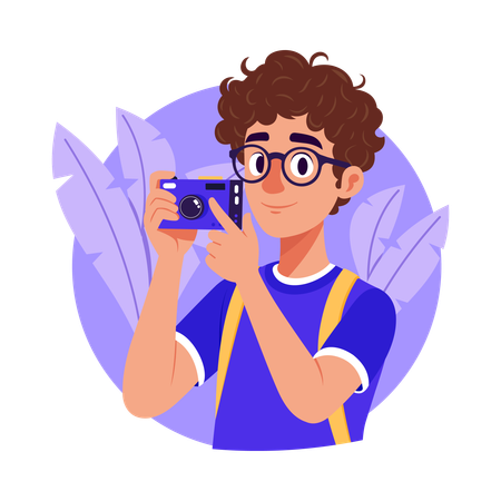 Boy using camera to click photo  Illustration
