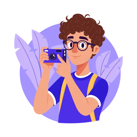 Boy using camera to click photo  Illustration