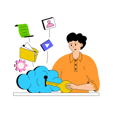 Boy using cloud key for secured storage  Illustration