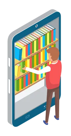 Man Chooses Book In Digital Online Library Or Bookstore In Smartphone App Distance Education With Modern Technology In Phone Guy Looks At Screen With Virtual Bookshelves And Stacks Of Books Illustration