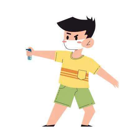 Boy using disinfectant spray  일러스트레이션
