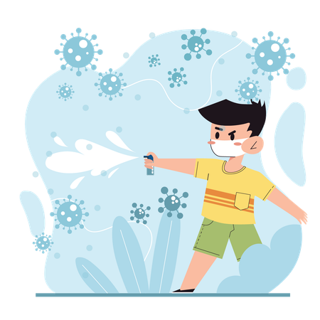 Boy using disinfectant spray  Illustration