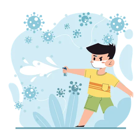 Boy using disinfectant spray  Illustration