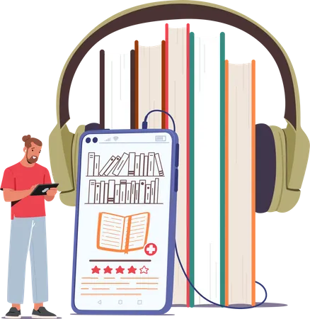 Concept Of Electronic Library Reading E Book Education Young Man Stand At Huge Smartphone And Headphones Listen Book Online Male Character Self Development Knowledge Cartoon Vector Illustration Illustration