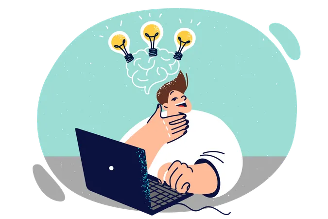 Boy Using Laptop Comes Up With Ideas For Topics For Essay At School Sits At Table With Light Bulbs Above Head Child Prodigy Learning To Code At Young Age Developing Ideas For New Startup Illustration
