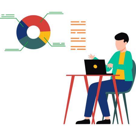 Boy using laptop to analyse data  Illustration