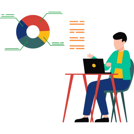 Boy using laptop to analyse data  Illustration