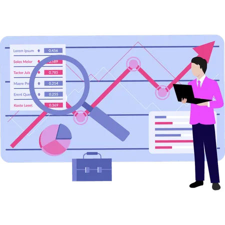 Boy using laptop to create analytics graph  Illustration