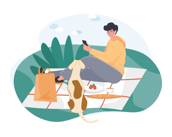 Boy using mobile on picnic spot Illustration