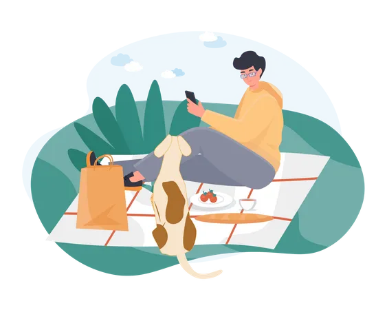 Boy using mobile on picnic spot Illustration