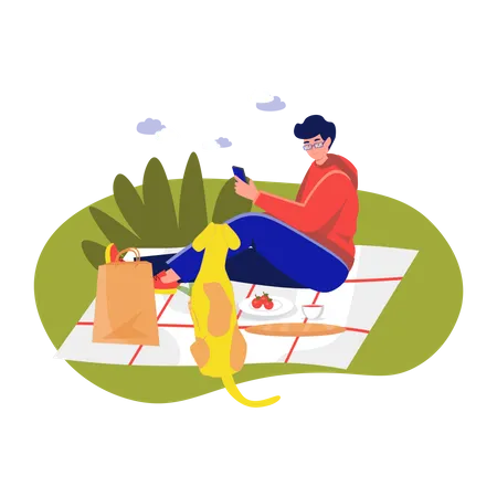 Boy using mobile on picnic spot  Illustration