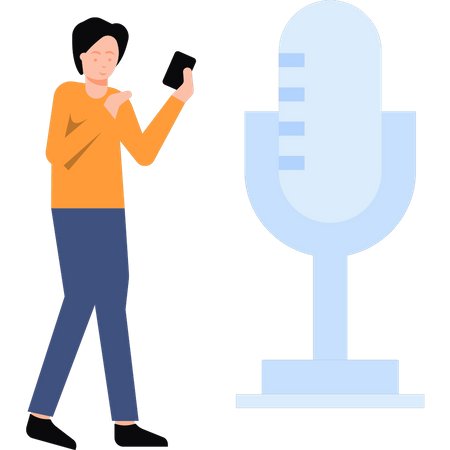 Boy using mobile voice recorder  イラスト