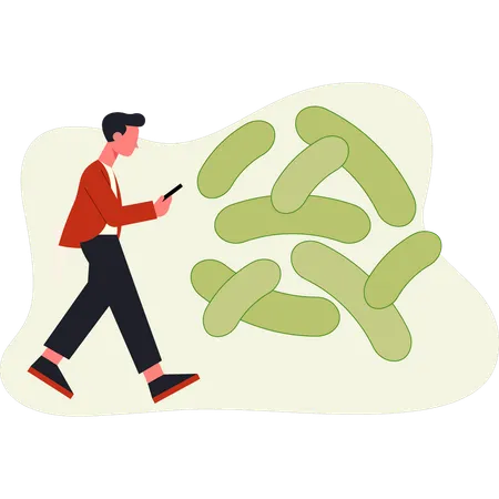 Boy using mobile walking near germs  Illustration