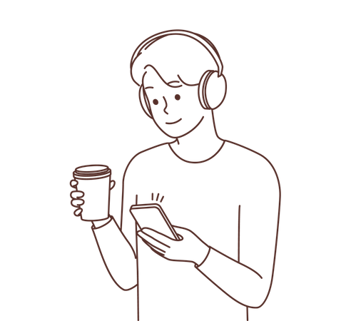 Boy using mobile while holding coffee  Illustration