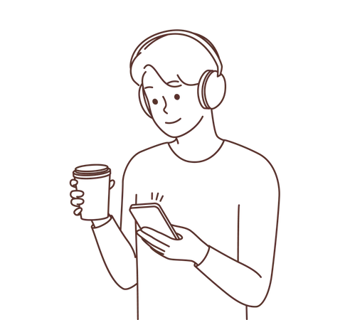 Boy using mobile while holding coffee  Illustration