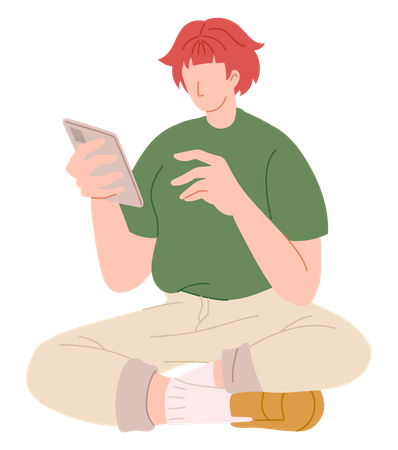 Boy using mobile while sit on floor  Illustration