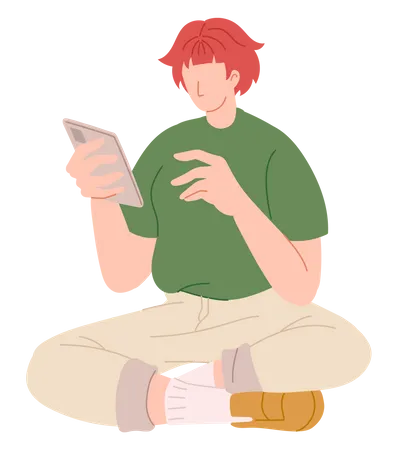 Boy using mobile while sit on floor  Illustration