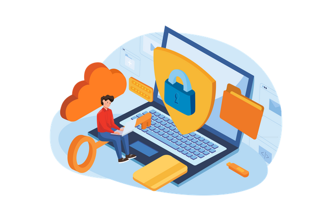 Boy using online data security tools  Illustration