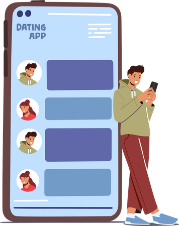 Boy using online dating app Illustration
