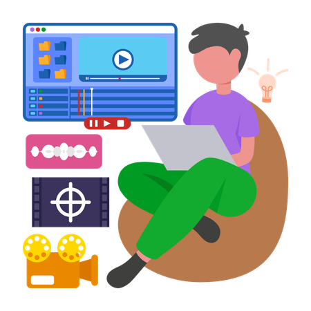 Boy using online Video Editing Software  Illustration