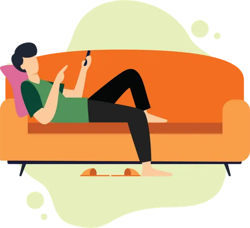 Boy using phone by lying on sofa  Illustration