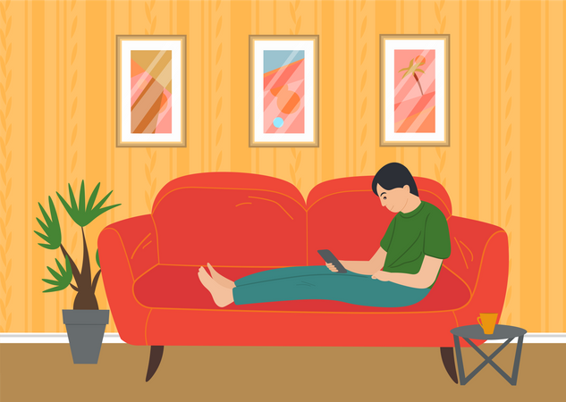 Boy using phone by lying on sofa  Illustration