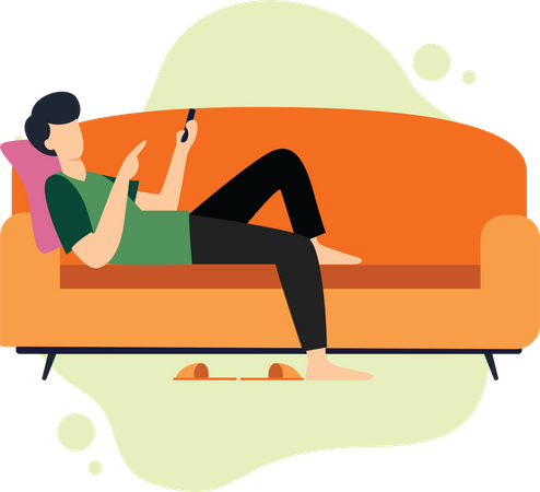 Boy using phone by lying on sofa  Illustration