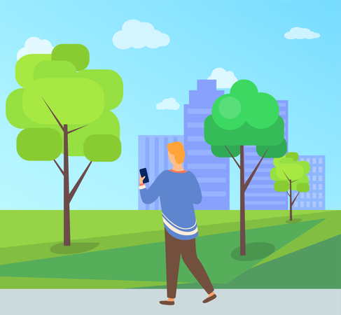 Boy using phone in park  Illustration